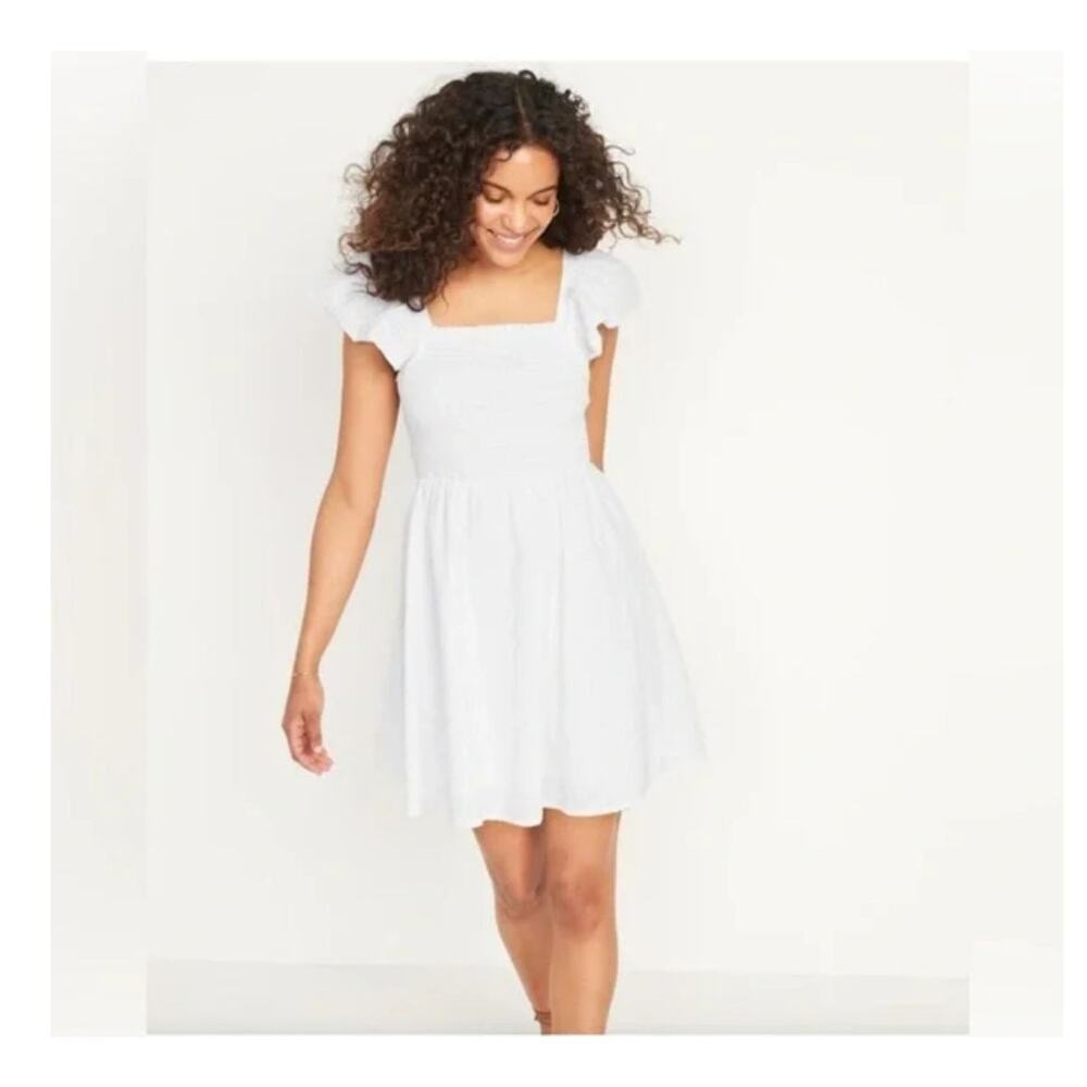 Old Navy Fit & Flare White Flutter-Sleeve Smocked Seersucker Mini Dress XXL